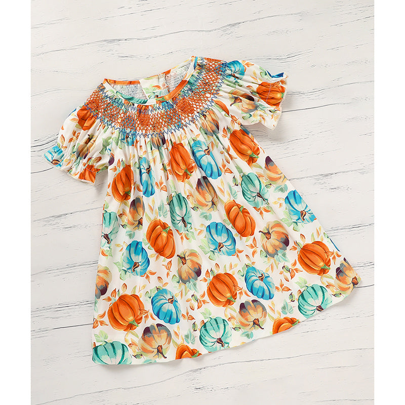Toddler Baby Girl Pumpkin Smocked Dress – Fall Thanksgiving & Halloween Princess Outfit