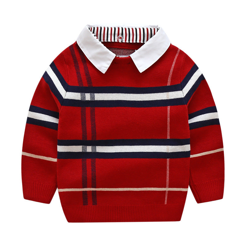 Boys Plaid Jacquard Sweater – Warm Knit Pullover for Fall & Winter