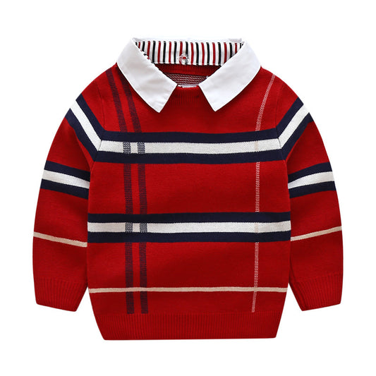 Boys Plaid Jacquard Sweater – Warm Knit Pullover for Fall & Winter