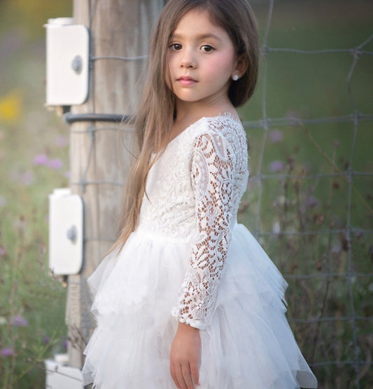 Girls White Princess Dress – Long Sleeve Lace Hollow Skirt | Autumn & Winter Irregular Dress for Kids