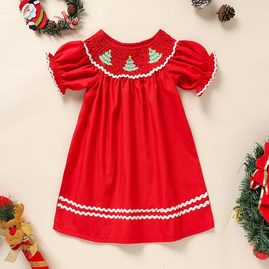 Toddler Infant Girls Christmas Dress – Smocked Tree Embroidery Party Dress