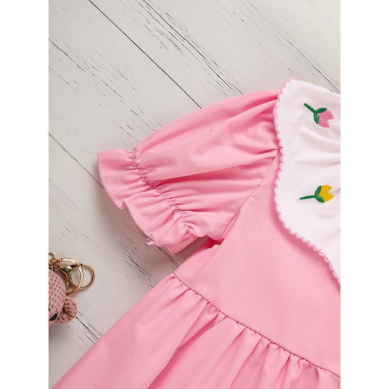 Toddler Baby Girl Spring Tulip Smocked Dress – Short Sleeve Princess Dress with Embroidery