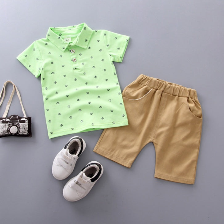 Boys' Anchor Print Summer Suit – Korean Style Short Sleeve Outfit for Spring & Summer