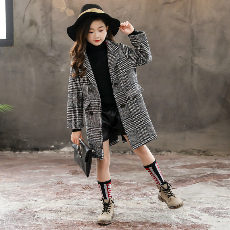 Girls Plaid Winter Coat – Gray Houndstooth Outerwear for Kids
