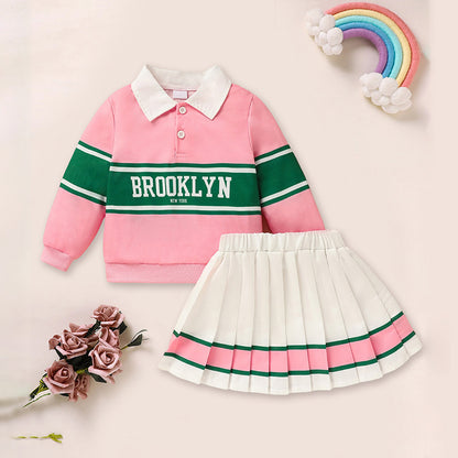 Toddler Girls 2-Piece Outfit – Colorblock Letter Print Sweatshirt & Pleated Skirt Set
