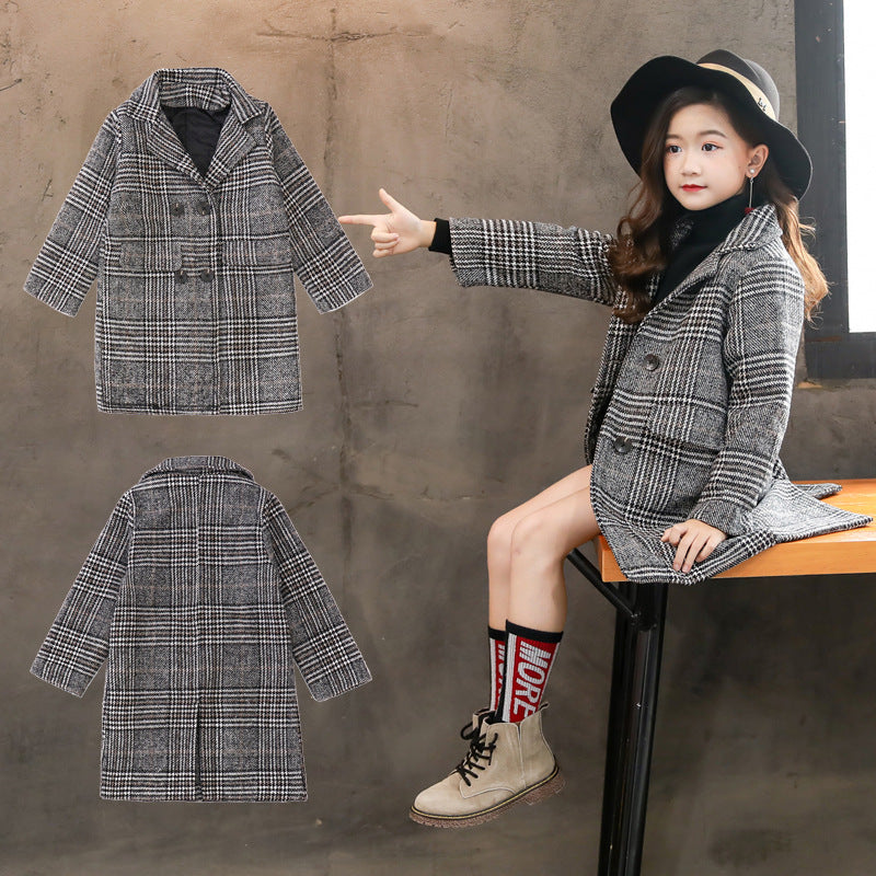 Girls Plaid Winter Coat – Gray Houndstooth Outerwear for Kids