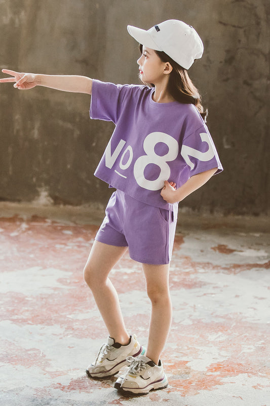 Girls Loose Sports Two-Piece Set – Big Kids Short-Sleeve Top & Shorts Outfit