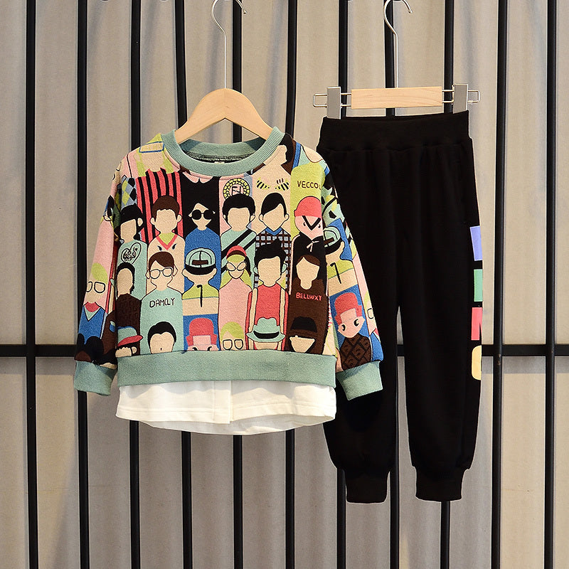 Boys Korean Style Tracksuit – 2-Piece Cartoon Outfit for Fall/Spring