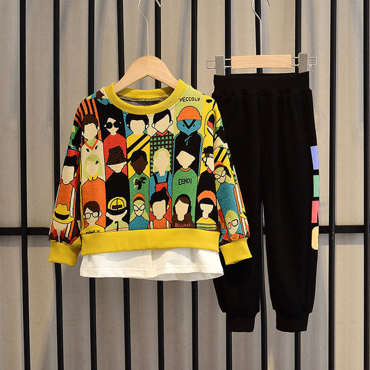 Boys Korean Style Tracksuit – 2-Piece Cartoon Outfit for Fall/Spring