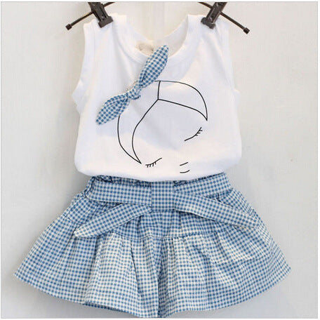 AiLe Rabbit Girls Fashion Clothes Set – Cotton Short Sleeve Shirt & Skirt 2-Piece Outfit with Cartoon Bow Print