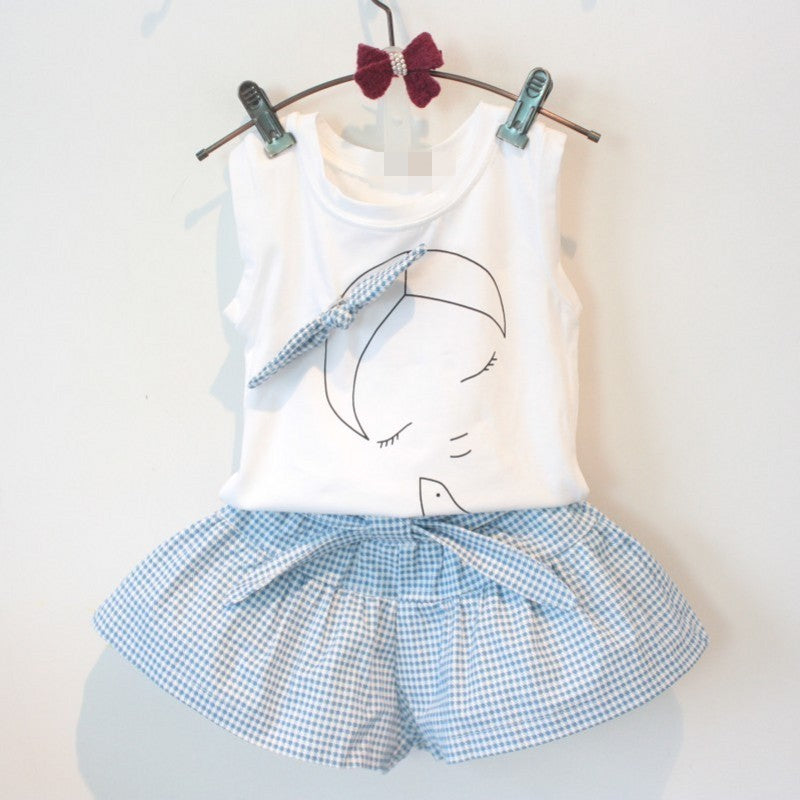 AiLe Rabbit Girls Fashion Clothes Set – Cotton Short Sleeve Shirt & Skirt 2-Piece Outfit with Cartoon Bow Print