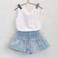 AiLe Rabbit Girls Fashion Clothes Set – Cotton Short Sleeve Shirt & Skirt 2-Piece Outfit with Cartoon Bow Print