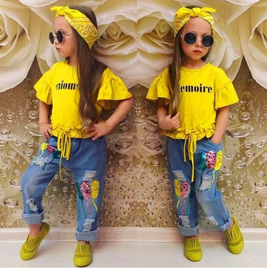 Girls Cotton Yellow Letter T-Shirt and Jeans Set – Casual Kids Clothing Outfit
