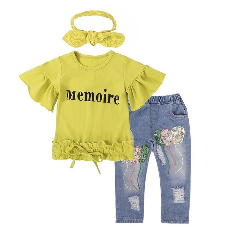Girls Cotton Yellow Letter T-Shirt and Jeans Set – Casual Kids Clothing Outfit