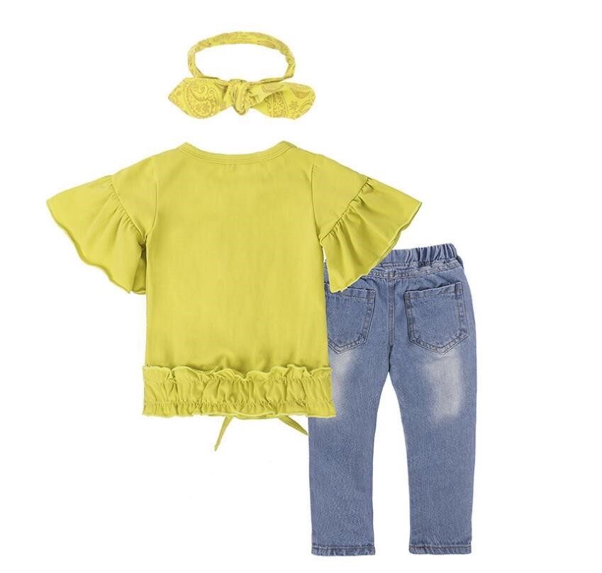 Girls Cotton Yellow Letter T-Shirt and Jeans Set – Casual Kids Clothing Outfit
