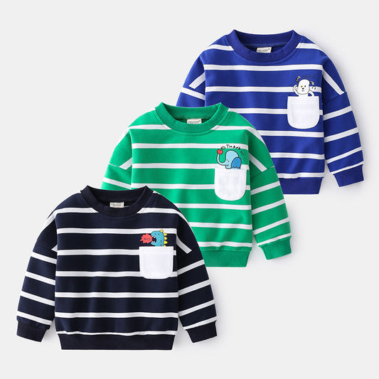 Boys Spring Striped Sweater – Casual Loose Cotton Pullover with Round Neck
