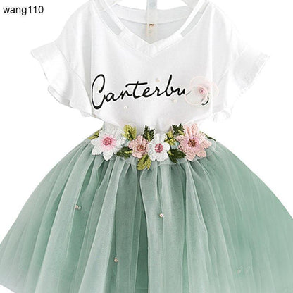 Summer Kids Girls Clothing Set – 2PCS T-Shirt & Hole Pants Outfit