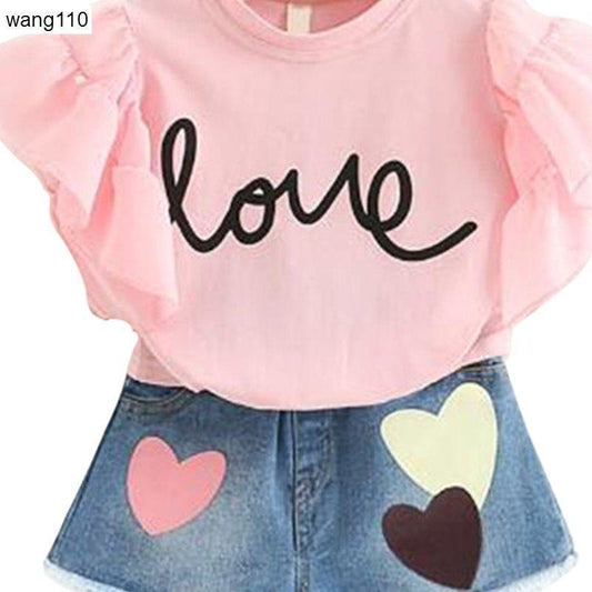 Summer Kids Girls Clothing Set – 2PCS T-Shirt & Hole Pants Outfit