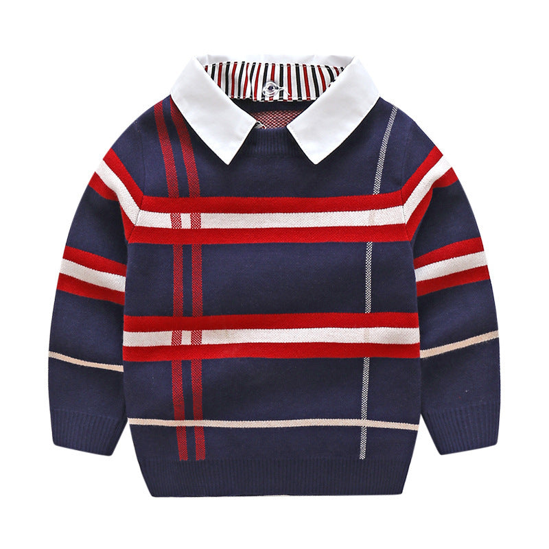 Boys Plaid Jacquard Sweater – Warm Knit Pullover for Fall & Winter