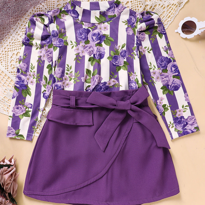 Toddler Girl Outfit Set – Purple Rose Print Top & Belted Skirt | Spring/Fall Holiday Clothes