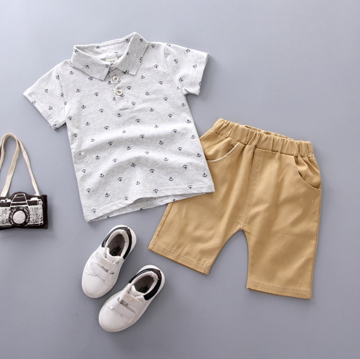 Boys' Anchor Print Summer Suit – Korean Style Short Sleeve Outfit for Spring & Summer