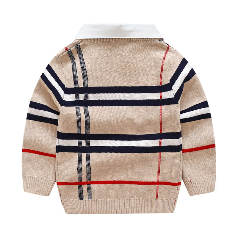 Boys Plaid Jacquard Sweater – Warm Knit Pullover for Fall & Winter