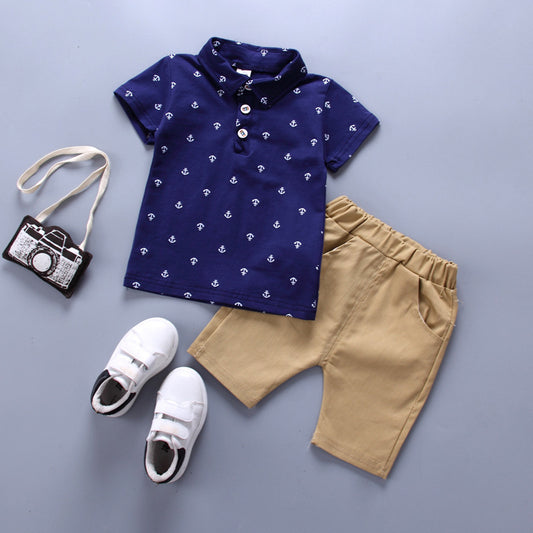 Boys' Anchor Print Summer Suit – Korean Style Short Sleeve Outfit for Spring & Summer