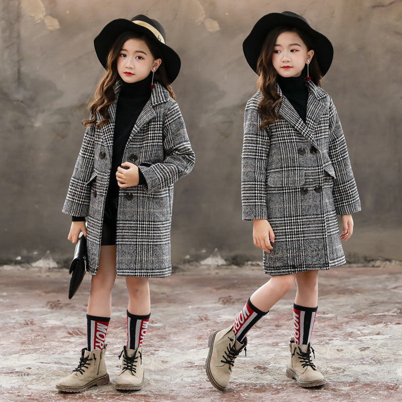 Girls Plaid Winter Coat – Gray Houndstooth Outerwear for Kids