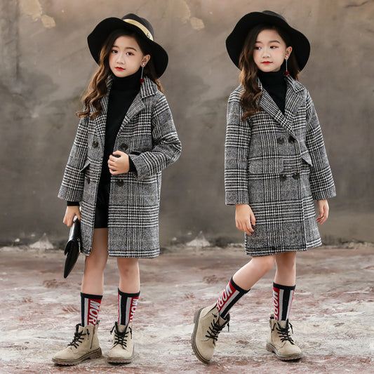 Girls Plaid Winter Coat – Gray Houndstooth Outerwear for Kids