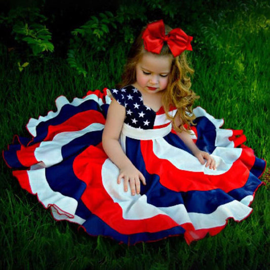 Toddler Girls 4th of July Dress – Red White & Blue Stars and Stripes Twirl Dress