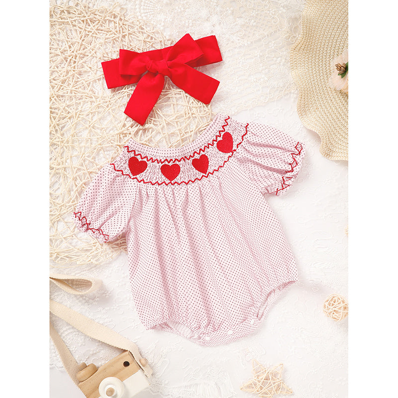 Newborn Baby Girls Valentine’s Day Smocked Romper – Short Sleeve Heart Embroidery Jumpsuit