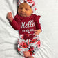 Newborn Baby Girl “Hello I’m New Here” Outfit – Romper, Floral Pants, Hat & Headband Set