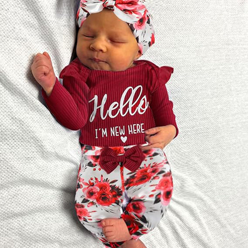 Newborn Baby Girl “Hello I’m New Here” Outfit – Romper, Floral Pants, Hat & Headband Set