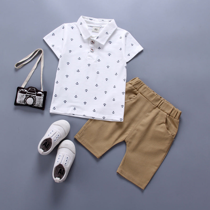 Boys' Anchor Print Summer Suit – Korean Style Short Sleeve Outfit for Spring & Summer