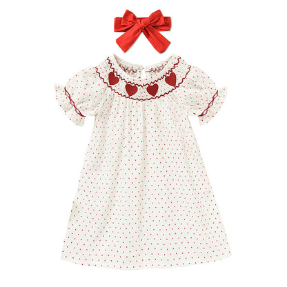 Baby Girl Valentine's Day Dress - Red Heart Embroidery with Headband & Smocked Princess Party Dress