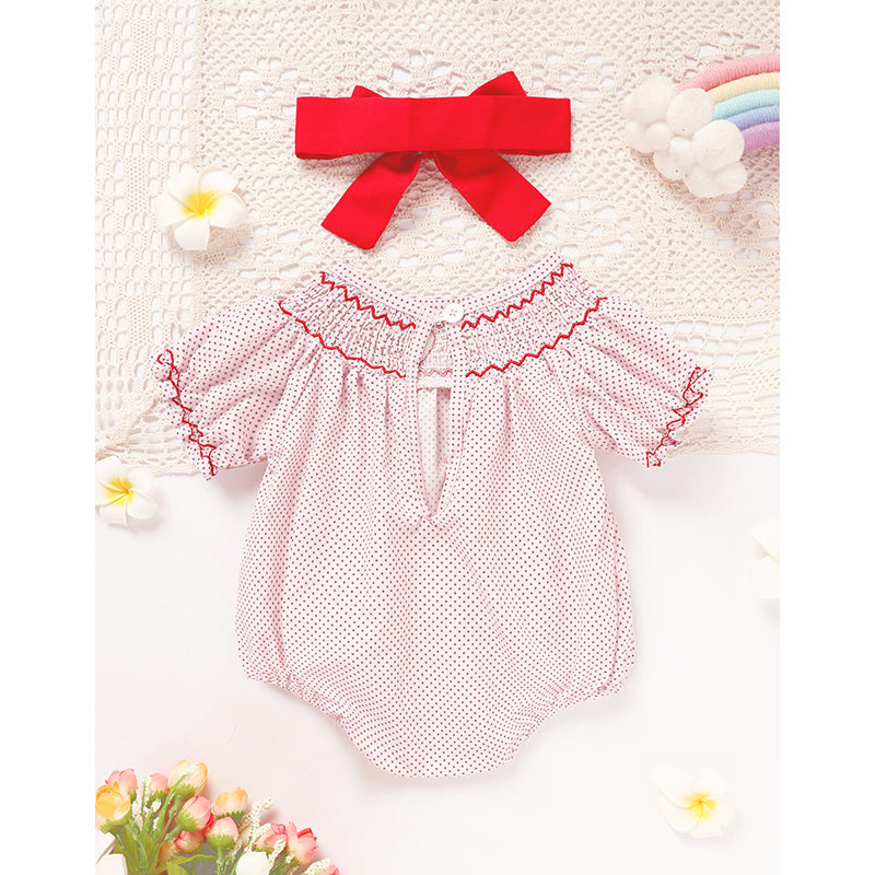 Newborn Baby Girls Valentine’s Day Smocked Romper – Short Sleeve Heart Embroidery Jumpsuit