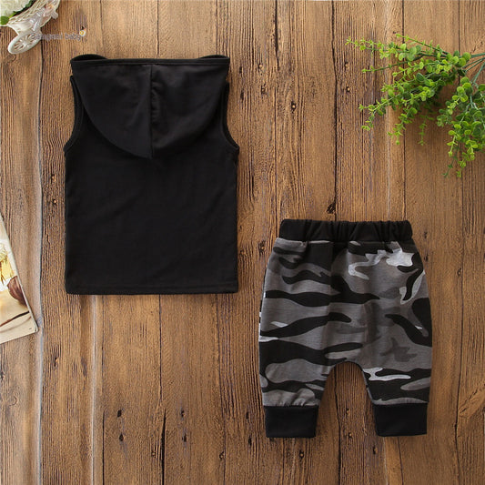 2-Piece Toddler Boys Outfit | Sleeveless Hoodie T-Shirt & Camo Pants Set