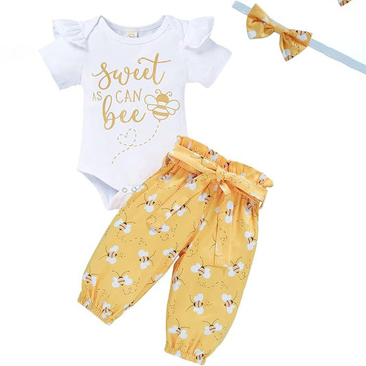 Infant Baby Girl Bee Romper Set – Honeybee Print Bodysuit, Pants & Bow Headband Clothes