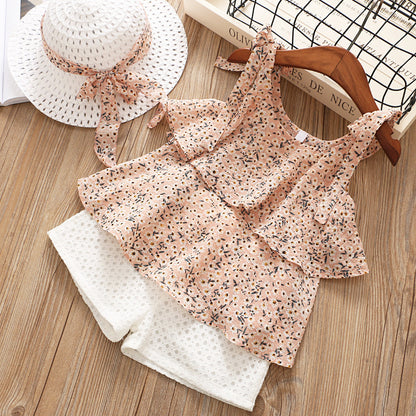 Chiffon Sling Two-Piece Outfit for Girls – Cute Summer Suit with Matching Hat