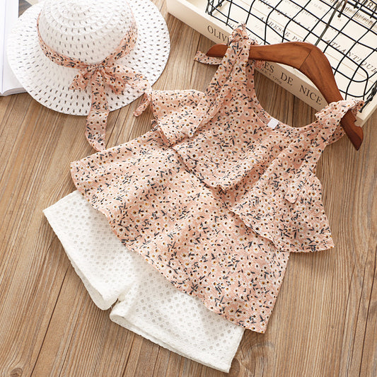 Chiffon Sling Two-Piece Outfit for Girls – Cute Summer Suit with Matching Hat