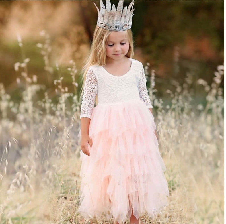 Girls White Princess Dress – Long Sleeve Lace Hollow Skirt | Autumn & Winter Irregular Dress for Kids