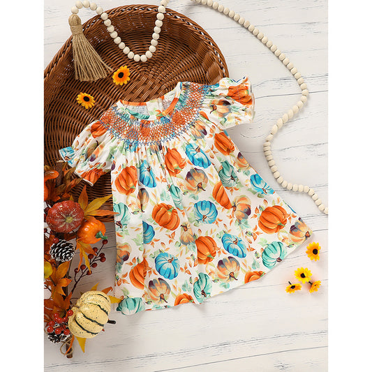 Toddler Baby Girl Pumpkin Smocked Dress – Fall Thanksgiving & Halloween Princess Outfit
