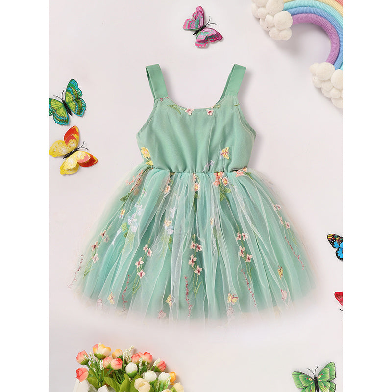 Toddler Girls Sleeveless Floral Tulle Dress – Bowknot Strap Princess Sundress