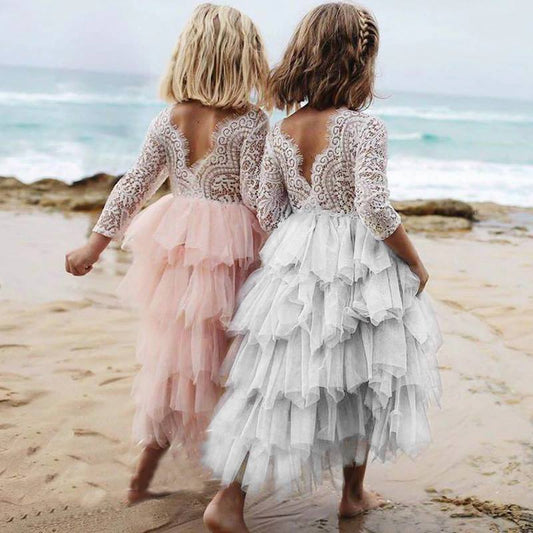 Girls White Princess Dress – Long Sleeve Lace Hollow Skirt | Autumn & Winter Irregular Dress for Kids