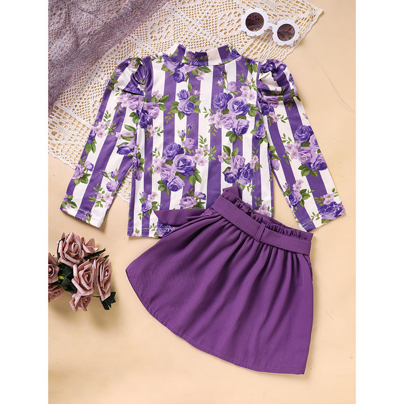 Toddler Girl Outfit Set – Purple Rose Print Top & Belted Skirt | Spring/Fall Holiday Clothes