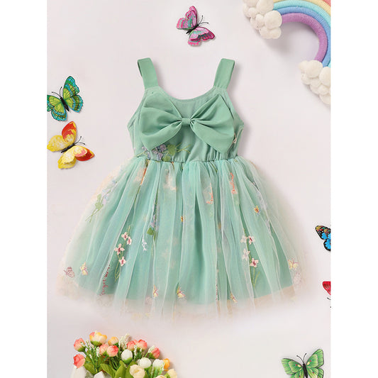 Toddler Girls Sleeveless Floral Tulle Dress – Bowknot Strap Princess Sundress