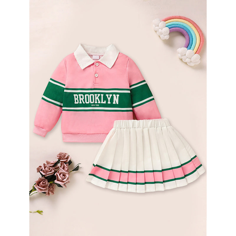 Toddler Girls 2-Piece Outfit – Colorblock Letter Print Sweatshirt & Pleated Skirt Set