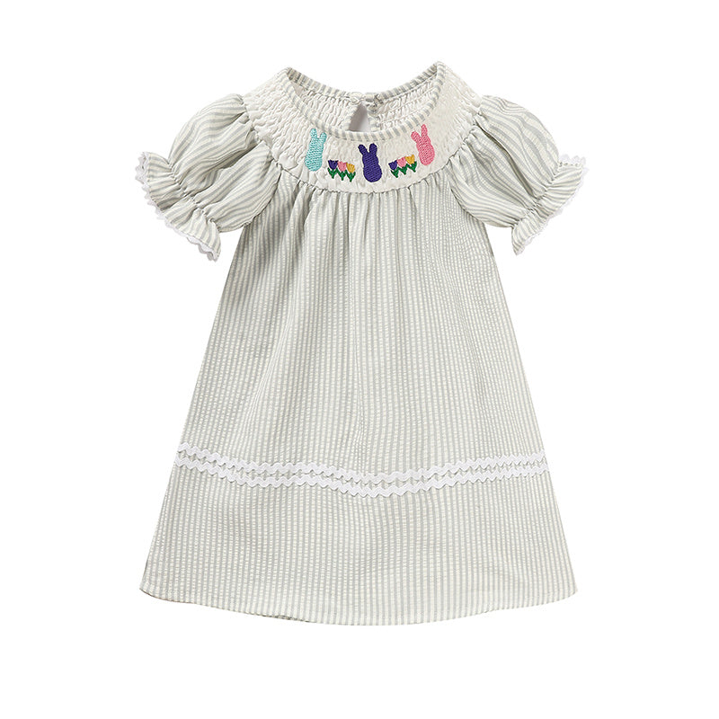 Infant Baby Girls Easter Bunny Smocked Dress – Embroidered Short Sleeve Casual Summer Outfit