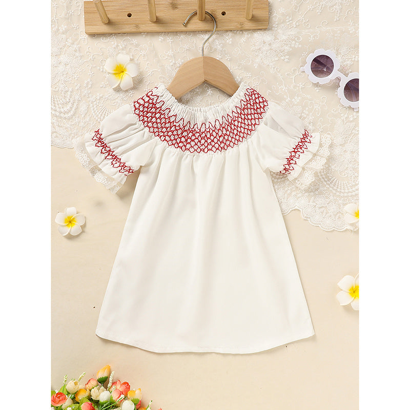 Infant Baby Girl Valentine’s Day Dress – White Lace Short Sleeve Party Dress with Red Embroidery
