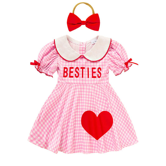 Baby Toddler Girl Short Sleeve Heart Print Dress – Doll Collar with Headband